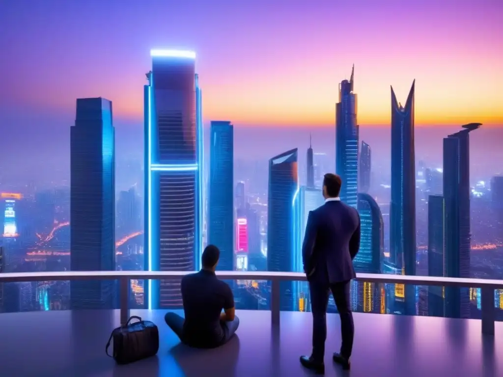 Horizonte futurista: innovación en análisis financiero inmobiliario Vibrante ciudad futurista al anochecer, con rascacielos iluminados y profesionales debatiendo sobre tendencias en análisis financiero de bienes raíces