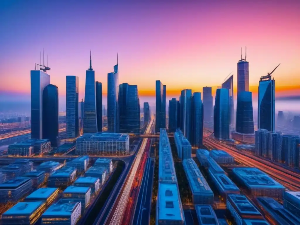 Metropolis futurista: predicción del mercado inmobiliario en 8k Vibrante ciudad futurista con rascacielos interconectados por líneas brillantes, reflejando la predicción precios vivienda política monetaria