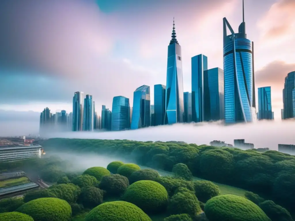 Metrópolis futurista en 8k: modernidad y naturaleza Vibrante ciudad futurista con rascacielos y áreas verdes, profesionales en actividades diarias, impacto tendencias demográficas mercado inmobiliario