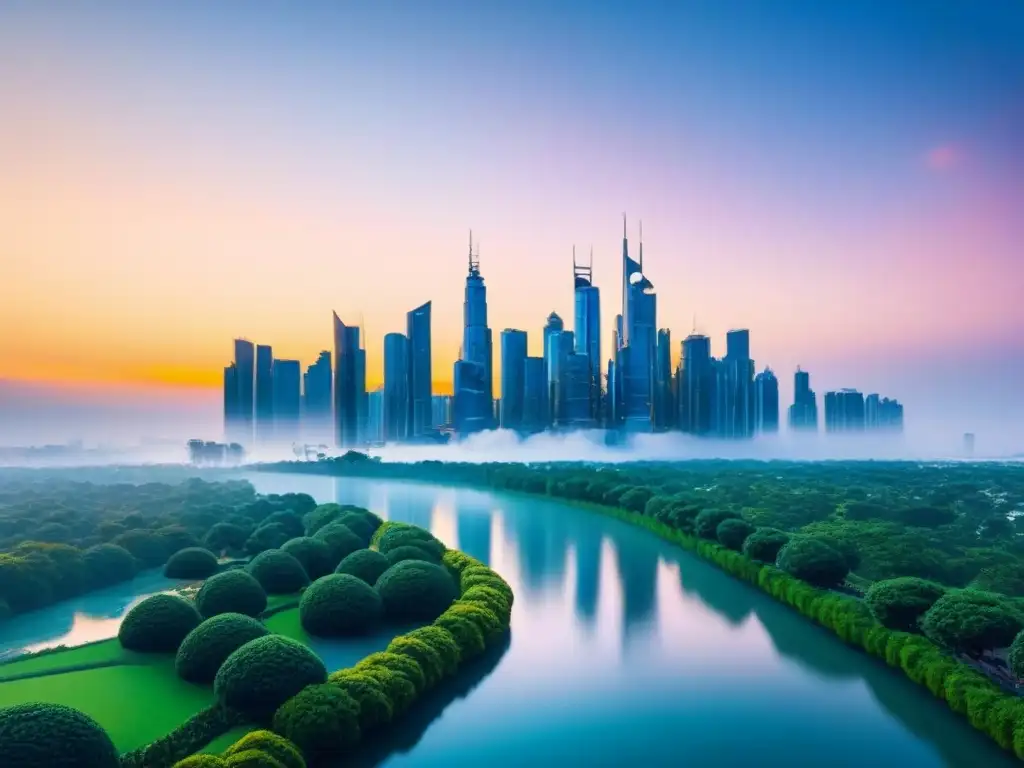 Horizonte futurista en 8k con rascacielos dorados al atardecer Vibrante ciudad futurista con rascacielos altos reflejando el atardecer dorado, rodeada de parques verdes y agua