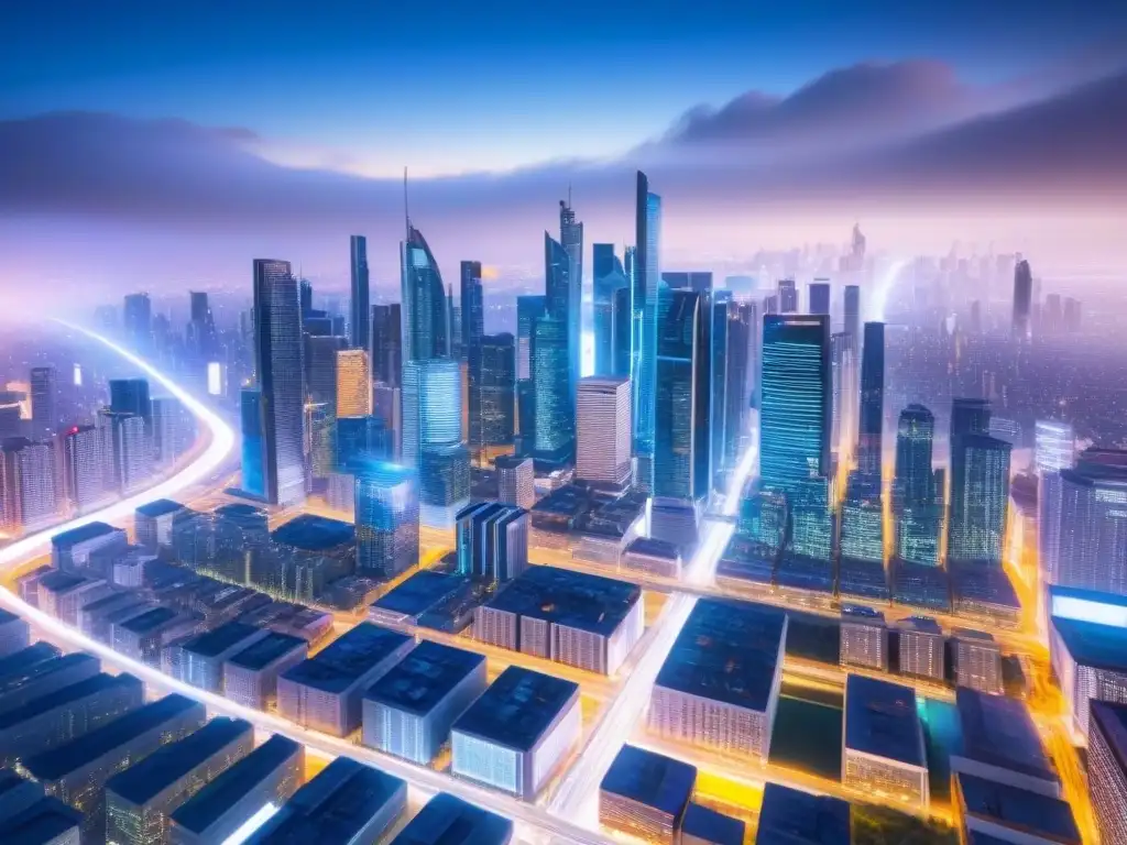 Metrópolis futurista: inversión inmobiliaria en la era digital Vibrante ciudad futurista con rascacielos y pantallas digitales, representando estrategias de inversión inmobiliaria avanzadas