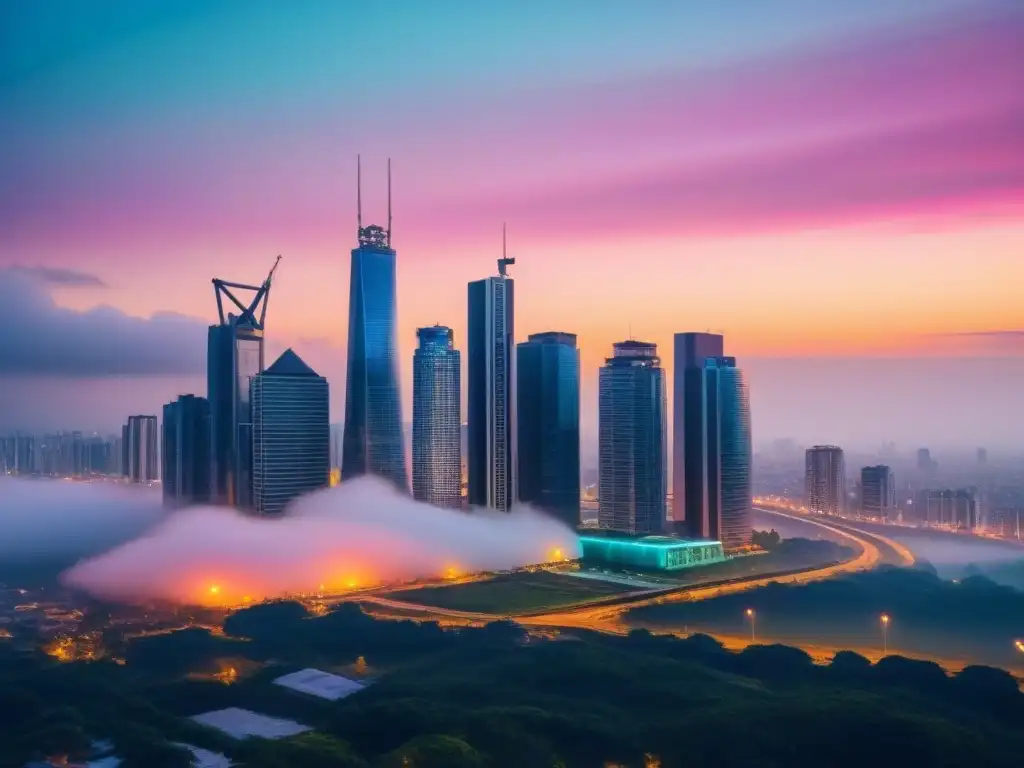 Inversión inmobiliaria: ciudad futurista con rascacielos iluminados Vibrante ciudad futurista con rascacielos iluminados por luces coloridas, ideal para financiamiento hipotecario para inversiones inmobiliarias
