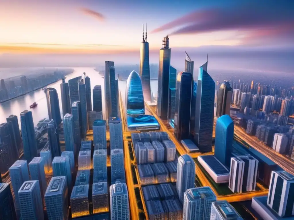 Metrópolis futurista: crecimiento financiero y refinanciamiento hipotecario Vibrante ciudad futurista con rascacielos y transporte avanzado, reflejando crecimiento financiero