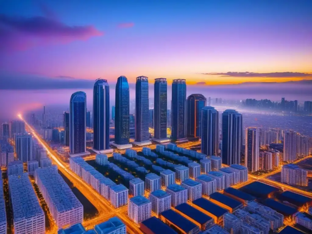 Metrópolis futurista: luces neón en modernos rascacielos al atardecer Vibrante ciudad futurista al anochecer con rascacielos iluminados por luces neón, reflejando servicios inmobiliarios innovadores