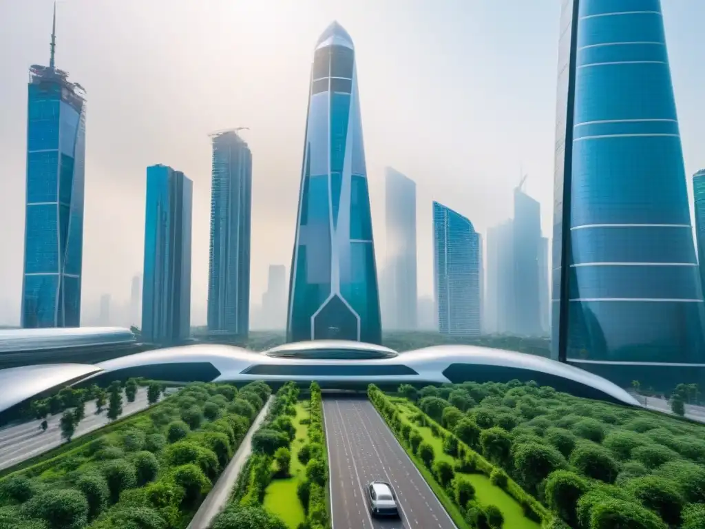 Vibrante ciudad futurista con rascacielos de cristal y drones, mostrando la innovación de empresas tecnológicas en el mercado inmobiliario