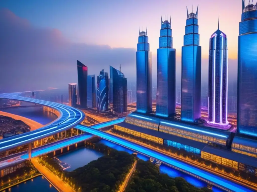 Metrópolis futurista: innovación en bienes raíces Vibrante ciudad futurista con rascacielos de vidrio y acero, drones avanzados y pantallas digitales