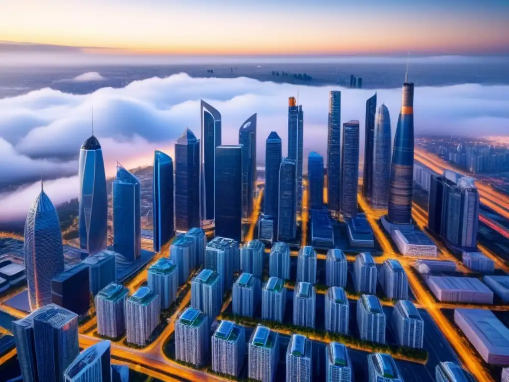 Metrópolis futurista: diseño urbano avanzado y sostenible Vibrante ciudad futurista con rascacielos modernos y diseño innovador, mostrando planificación urbana avanzada
