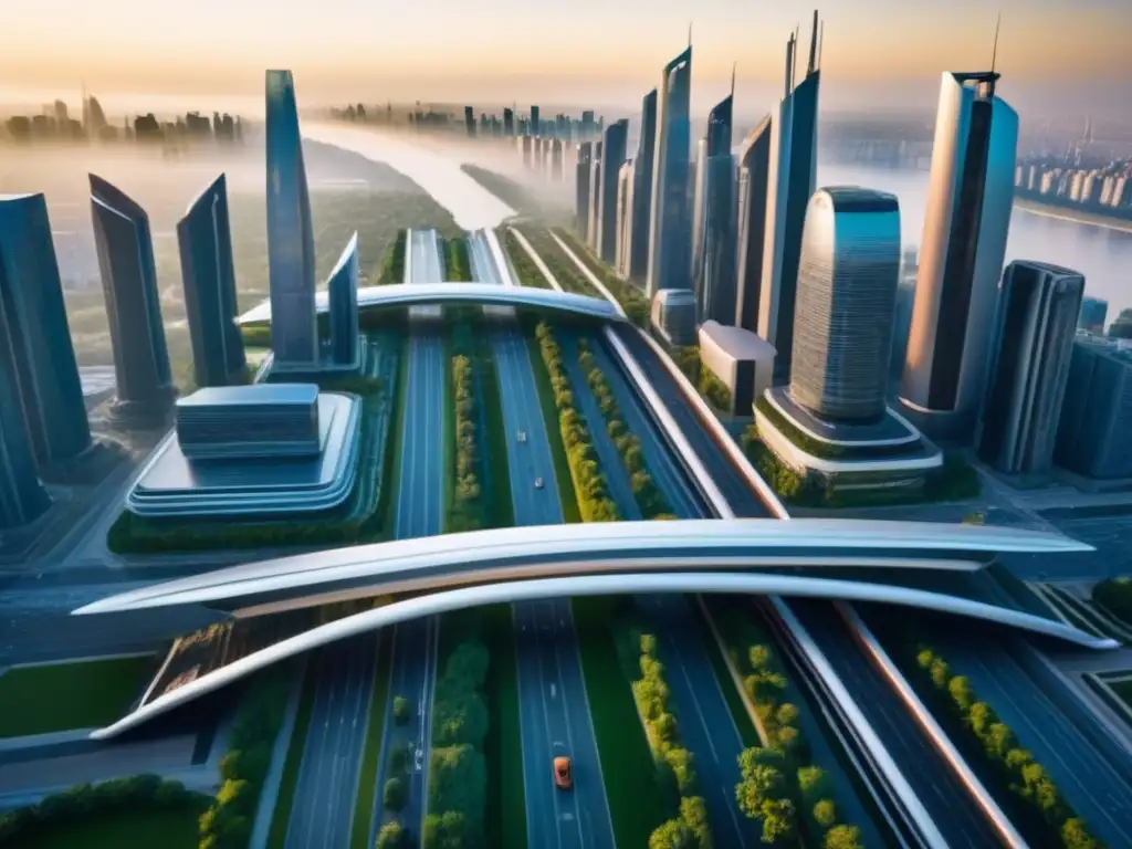 Metrópolis futurista: armonía entre naturaleza y arquitectura moderna Vibrante ciudad futurista con rascacielos de vidrio y acero, armonizando naturaleza y arquitectura moderna al atardecer