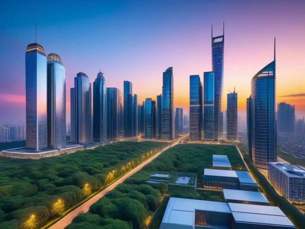 Horizonte futurista: Ciudad de cristal y acero en atardecer Vibrante ciudad futurista con rascacielos de cristal y acero, reflejando un atardecer