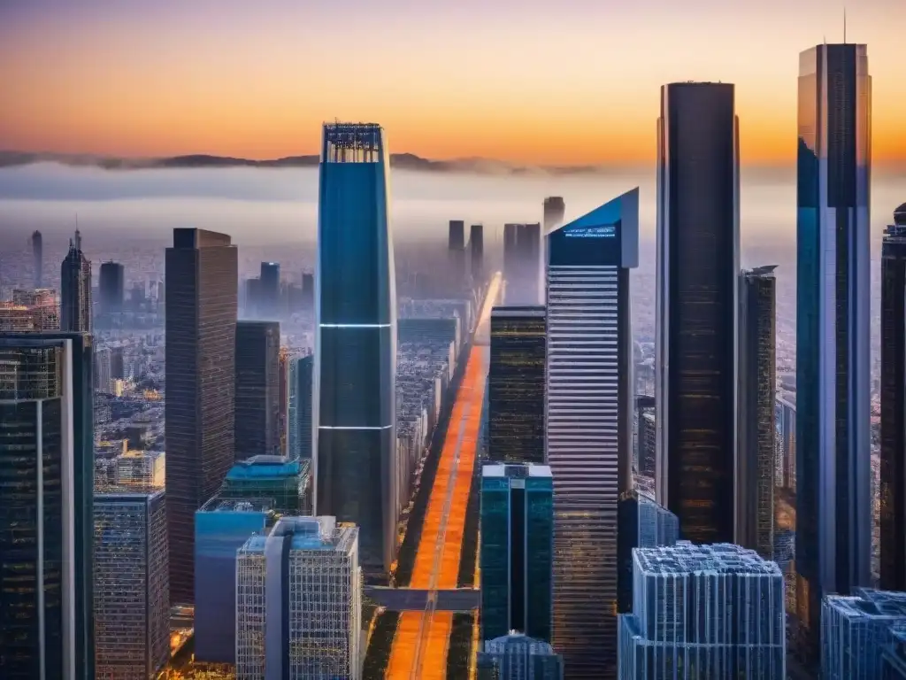 Metrópolis futurista: Atardecer en la ciudad de cristal y acero Vibrante ciudad futurista con rascacielos de vidrio y acero, bañada por la cálida luz del atardecer