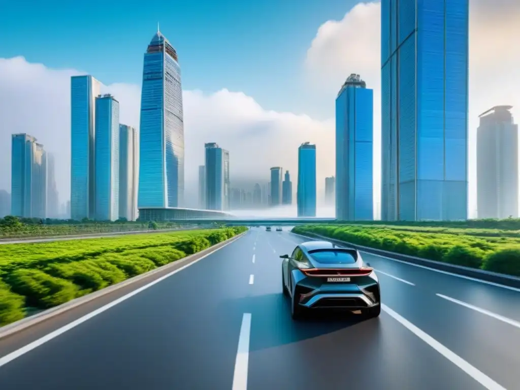 Metrópolis futurista: rascacielos sostenibles en armonía con la naturaleza Vibrante ciudad futurista con rascacielos sostenibles, Certificación LEED en desarrollos urbanos