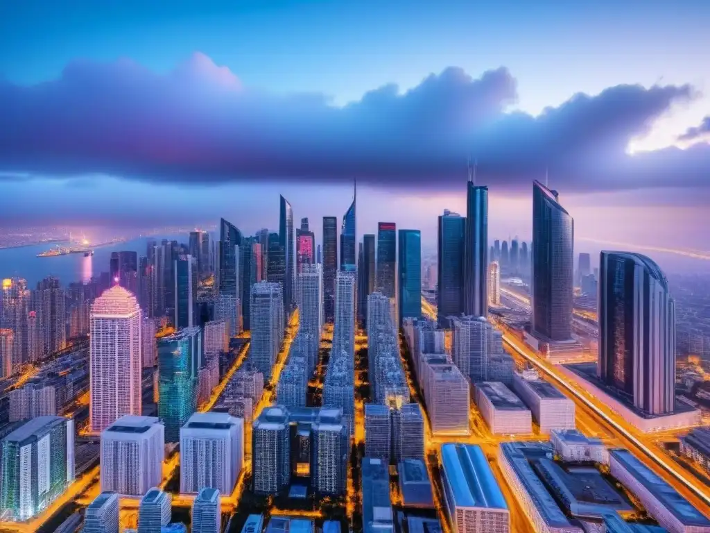 Subasta inmobiliaria futurista: rascacielos, drones y hologramas Vibrante ciudad futurista al anochecer con rascacielos iluminados, drones y hologramas