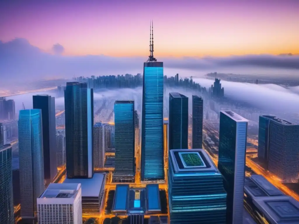 Cityscape futurista con tecnología blockchain en la industria inmobiliaria Vibrante ciudad futurista con rascacielos interconectados y símbolos de tecnología blockchain, mostrando la seguridad en transacciones inmobiliarias