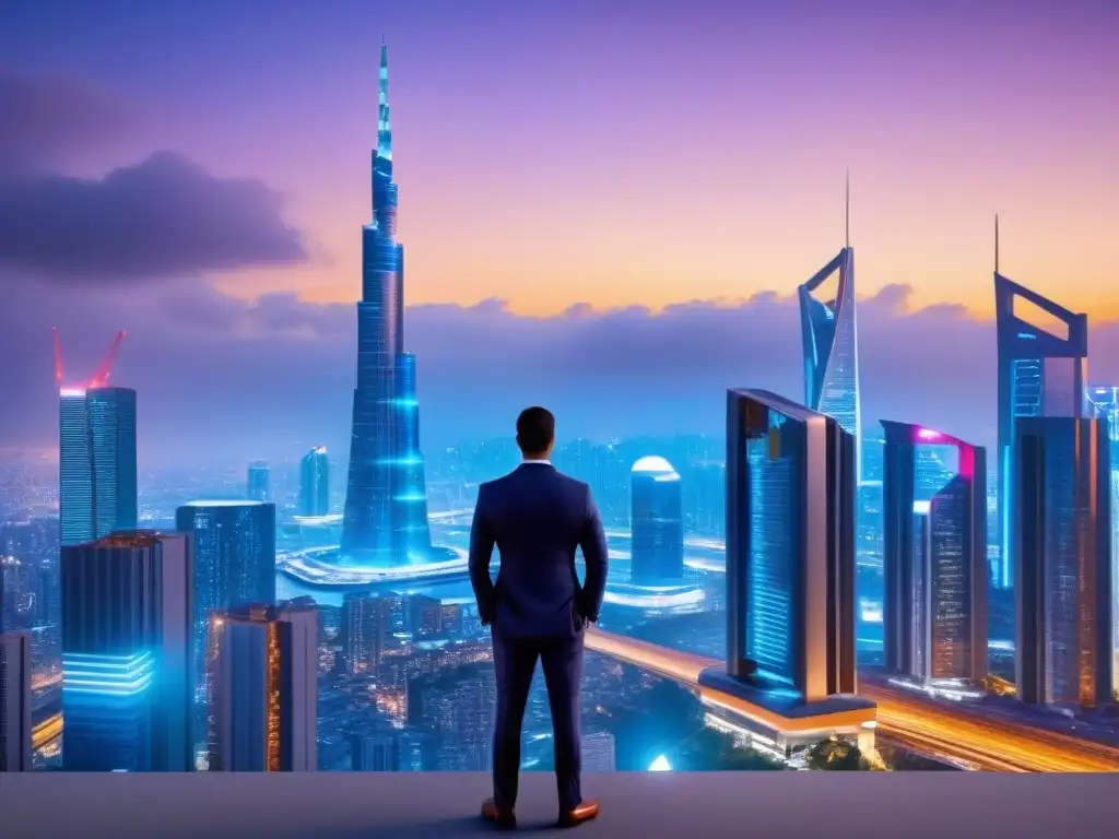 Futurista skyline urbano: luces neón y arquitectura innovadora Vibrante ciudad futurista al anochecer con rascacielos iluminados por luces neón