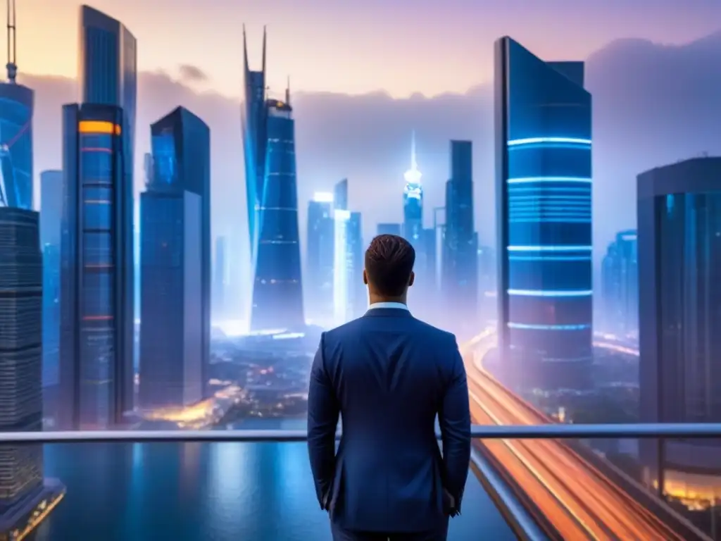 Metrópolis futurista: innovación y ROI en desarrollo comercial Vibrante ciudad futurista al anochecer con rascacielos, ejecutivos y pantallas digitales mostrando datos financieros, reflejando estrategias ROI desarrollos comerciales multifuncionales