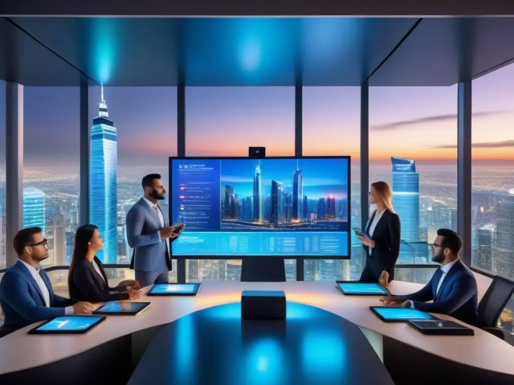 Análisis de mercado inmobiliario: Ciudad futurista y tecnológica Vibrante ciudad futurista al anochecer, con rascacielos iluminados y proyecciones holográficas de datos inmobiliarios