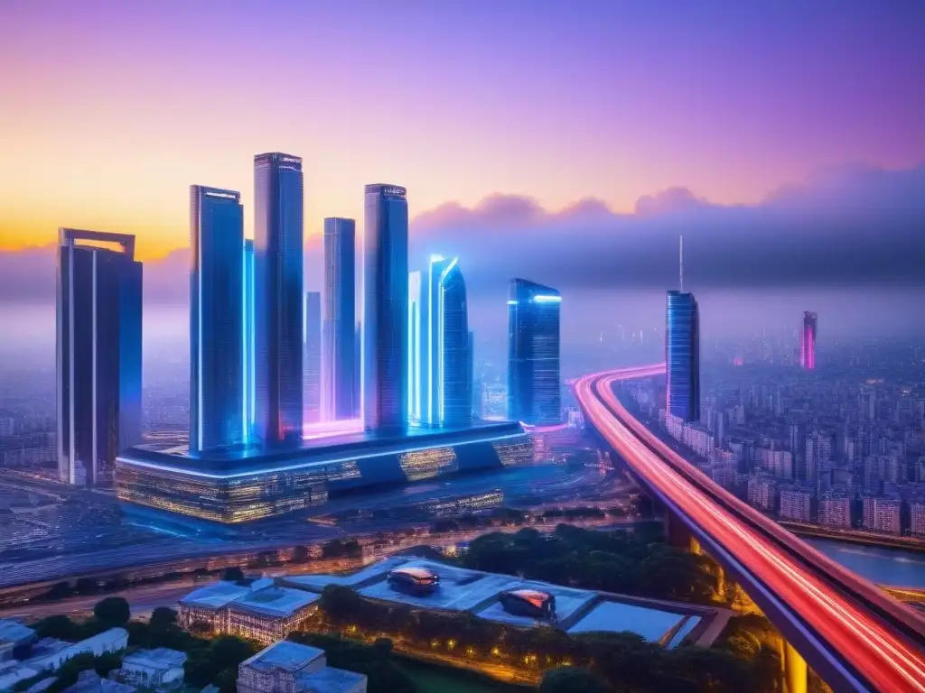 Ciudad futurista: rascacielos y coches voladores al atardecer Vibrante ciudad futurista al anochecer, con rascacielos iluminados y autos voladores
