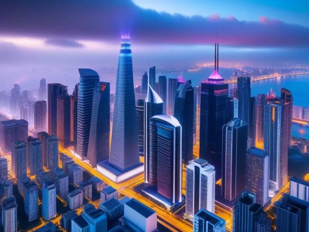 Metrópolis futurista: skyline nocturno en 8k Vibrante ciudad futurista al anochecer, con rascacielos innovadores iluminados por luces neón