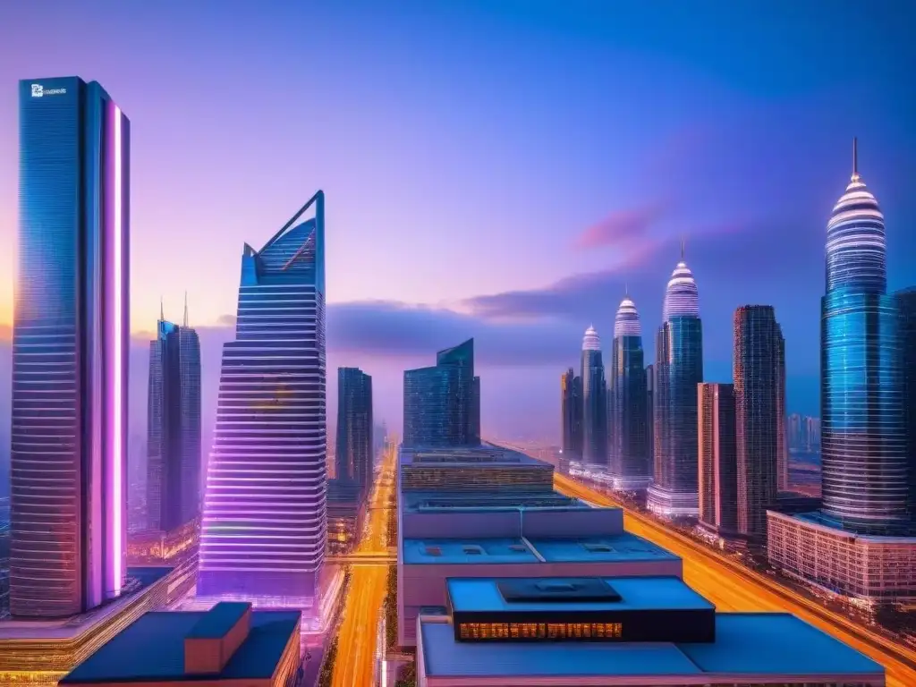Inversión inmobiliaria futurista en la ciudad Vibrante ciudad futurista con rascacielos de vidrio y luces neón, reflejando tendencias inversión inmobiliaria online