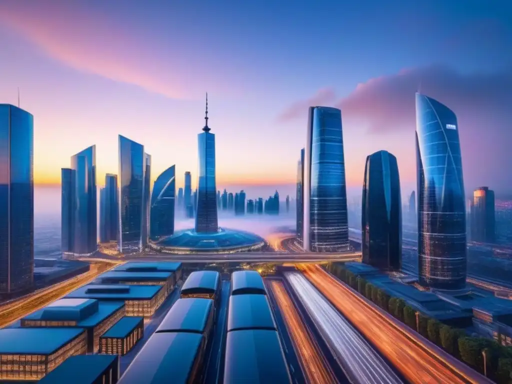 Metrópolis futurista: rascacielos y tecnología de vanguardia al atardecer Vibrante ciudad futurista con rascacielos modernos, autos inteligentes y pantallas digitales mostrando análisis tendencias mercado inmobiliario, bajo la cálida luz del atardecer