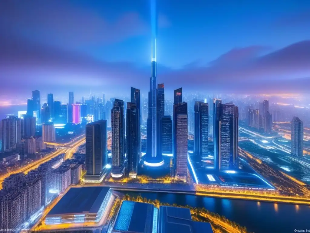 Metrópolis futurista: Edificios inteligentes y drones en AI Vibrante ciudad futurista con rascacielos inteligentes y tecnología de IA en Bienes Raíces