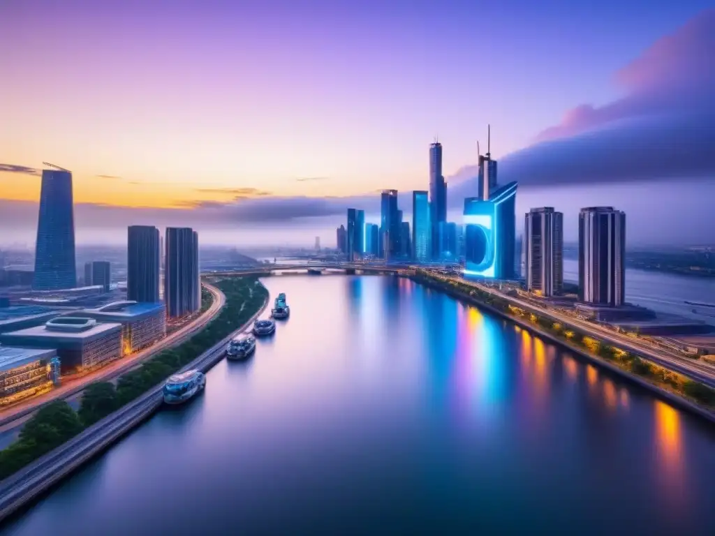 Metrópolis futurista: luces neón en río tranquilo Vibrante ciudad futurista al anochecer con rascacielos iluminados y vehículos autónomos