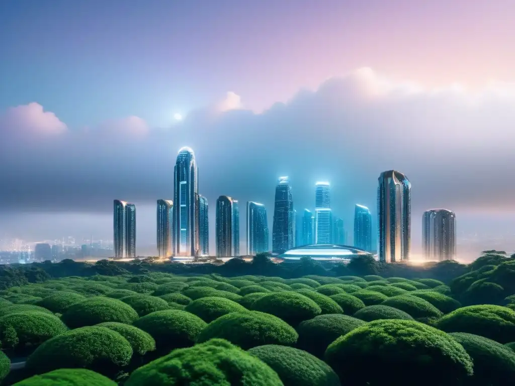 Skyline futurista: innovación y sofisticación en arquitectura AI Vibrante ciudad futurista con rascacielos modernos y vegetación, integrando tecnología