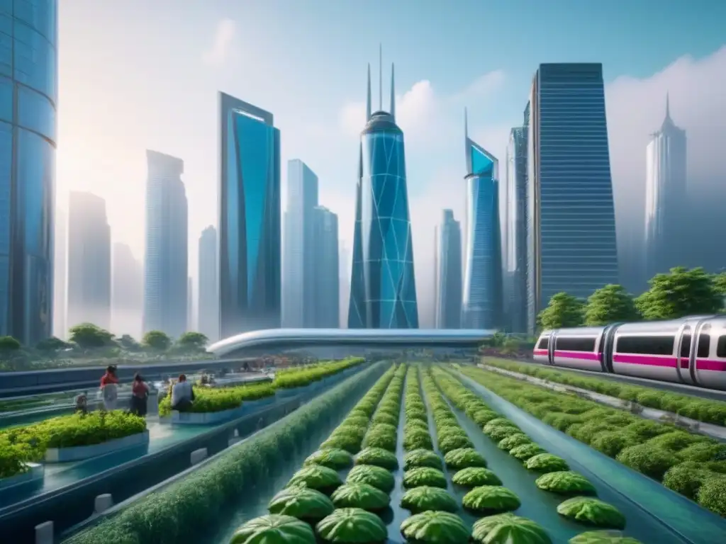 Metrópolis futurista: rascacielos eco-sostenibles en ciudad vibrante Vibrante ciudad futurista con rascacielos de vidrio, tecnología sostenible y diversidad humana