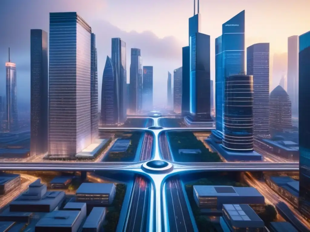 Metrópolis futurista: fusión de IA y finanzas inmobiliarias Vibrante ciudad futurista con rascacielos modernos y sistemas de Inteligencia Artificial integrados