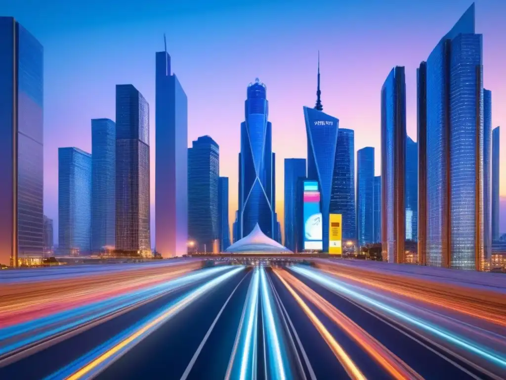 Cityscape futurista: luces, tecnología y modernidad Vibrante ciudad futurista al anochecer con rascacielos iluminados y vehículos voladores