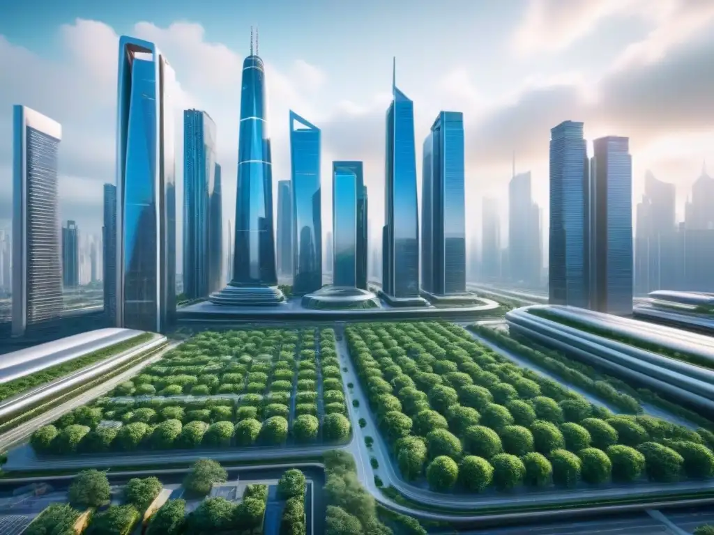 Metrópolis futurista: fusión perfecta entre tecnología y naturaleza Vibrante ciudad futurista: rascacielos de vidrio y vegetación, coches autónomos y pantallas digitales