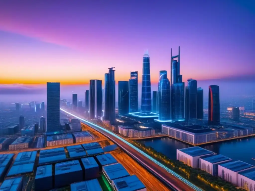 Horizonte futurista: ciudad 8k con rascacielos y vehículos autónomos Vibrante ciudad futurista con rascacielos modernos, vehículos autónomos y drones, reflejando la integración de inteligencia artificial en inversión inmobiliaria
