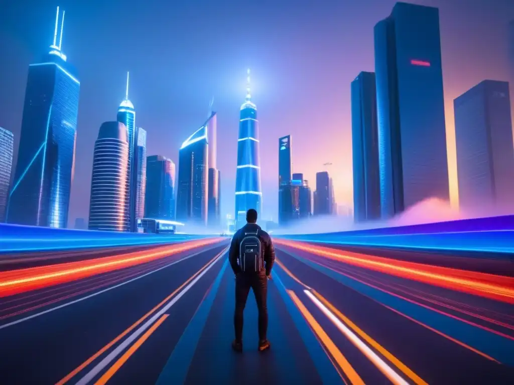 Metrópolis futurista: luces neón y avances tecnológicos en la arquitectura Vibrante ciudad futurista con rascacielos y autos autónomos, iluminada por luces neón