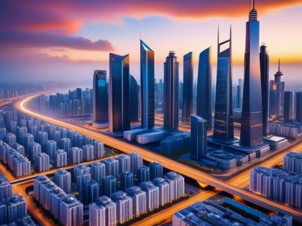 Futurista ciudad con inteligencia artificial: Real Estate 8k Vibrante ciudad futurista con rascacielos modernos y tecnología de IA fijar precios inmobiliarios