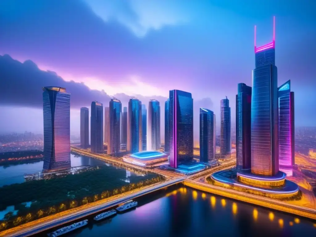 Metrópolis futurista: IA y diseño de vanguardia en edificios Vibrante ciudad futurista al anochecer con rascacielos reflectantes y luces neón, drones autónomos y tecnología AI