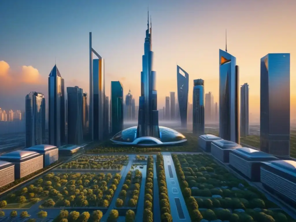 Metrópolis futurista: crecimiento resiliente en tiempos de inflación global Vibrante ciudad futurista con rascacielos dorados al atardecer, simbolizando estrategias inversión inmobiliaria inflación