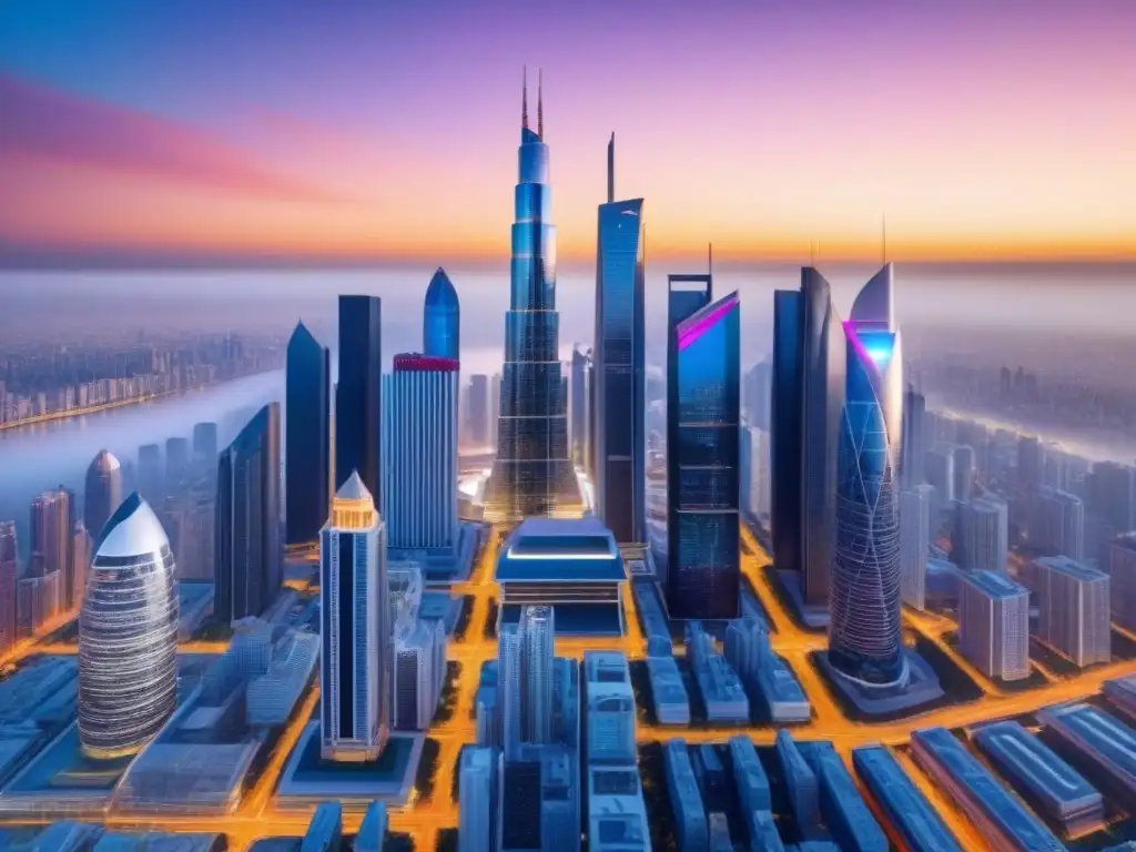Metrópolis futurista: innovación inmobiliaria con IA Vibrante ciudad futurista con rascacielos y tecnología de IA en el mercado inmobiliario