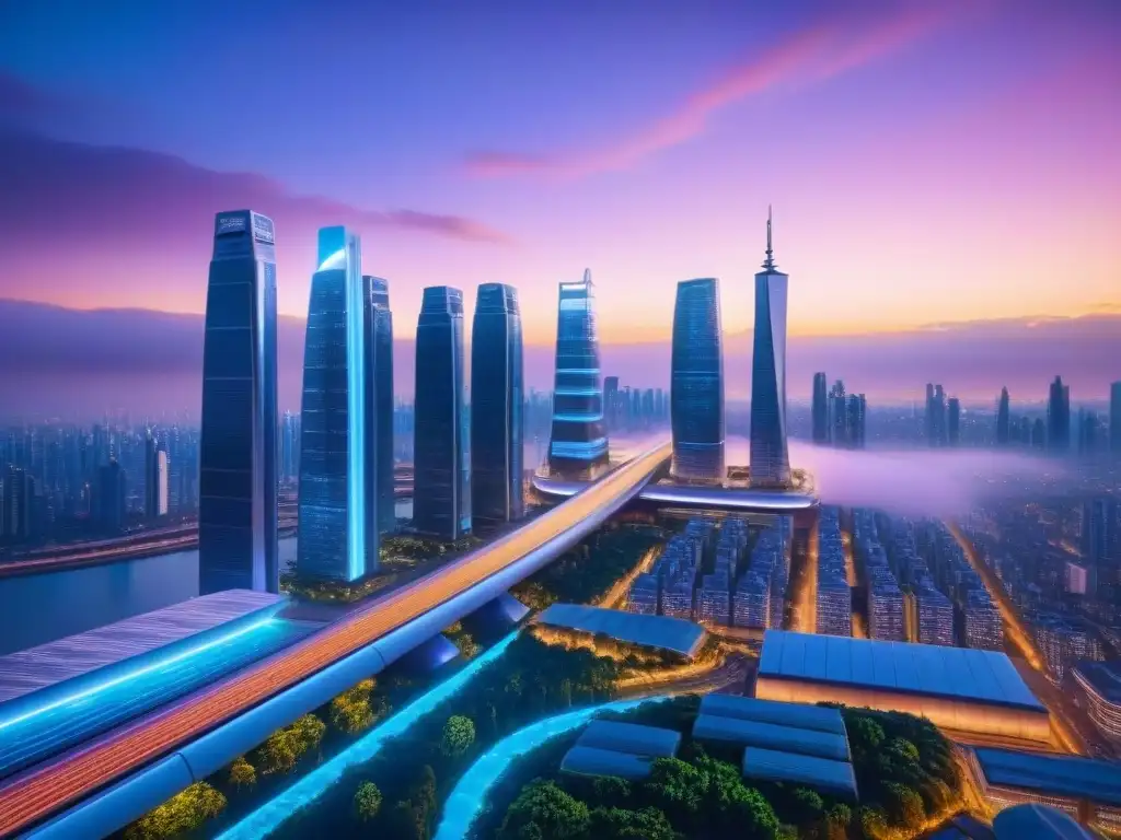 Metrópolis futurista: innovación inmobiliaria en ciudades modernas Vibrante ciudad futurista al anochecer, con rascacielos iluminados, trenes de alta velocidad y autos voladores, hologramas y arquitectura moderna