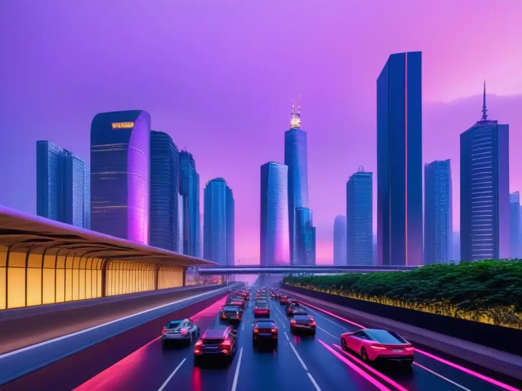 Metrópolis futurista: luces neón sobre rascacielos al atardecer Vibrante ciudad futurista al anochecer con rascacielos iluminados y diseño arquitectónico innovador