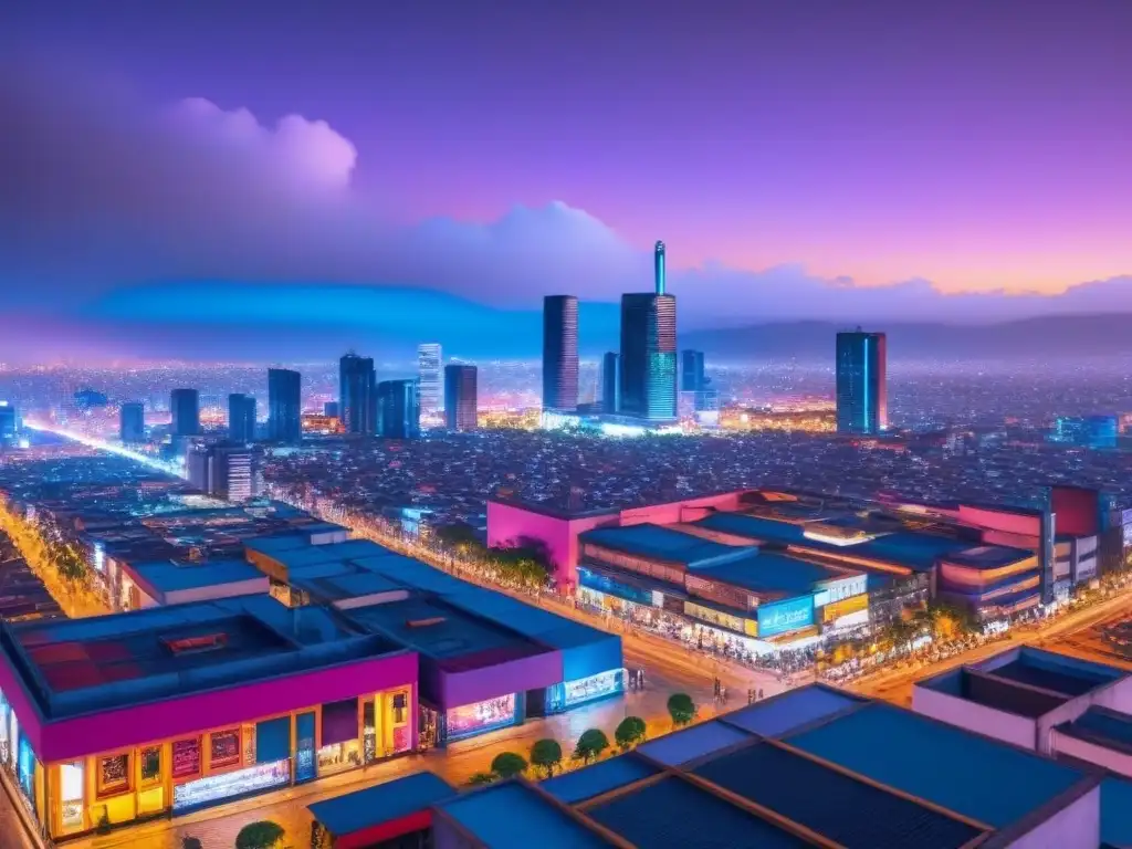 Metrópolis futurista: México City en neón y modernidad Vibrante ciudad futurista de México con rascacielos modernos y calles llenas de gente