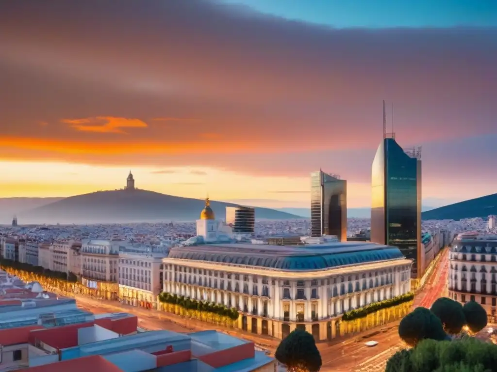Madrid futurista: ciudad vibrante en atardecer Vibrante ciudad futurista de Madrid con rascacielos y montañas al fondo