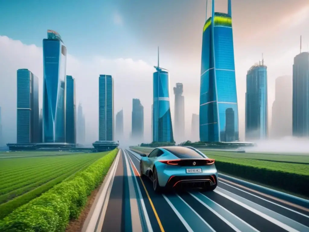 Metrópolis futurista: innovación urbana y sostenibilidad en acción Vibrante ciudad futurista con rascacielos modernos y edificios sostenibles