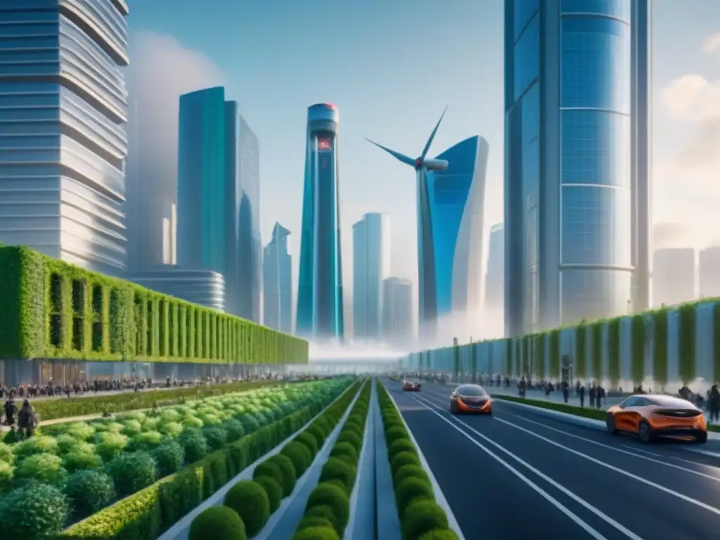 Metrópolis sostenible del futuro: arquitectura verde y actividad urbana Vibrante ciudad futurista sostenible con Desarrollos urbanos sostenibles economía local