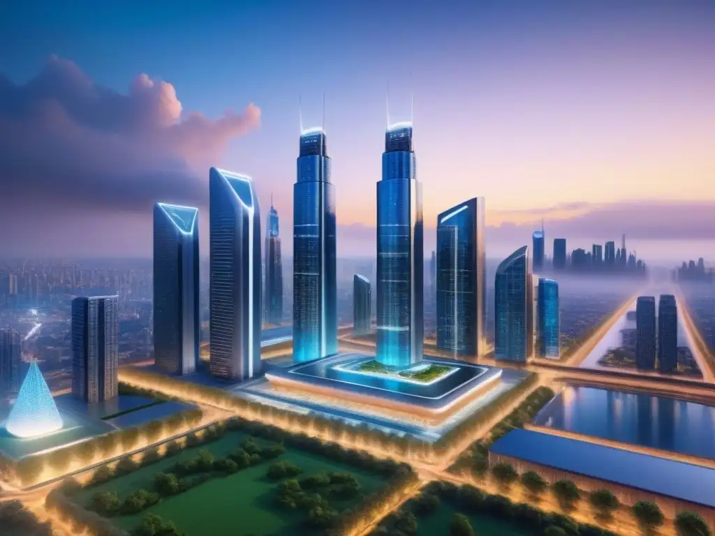 Metrópolis futurista ecoinnovadora Vibrante ciudad futurista al anochecer con tecnología inteligente y diseño sostenible, reflejando las tendencias de inversión inmobiliaria online