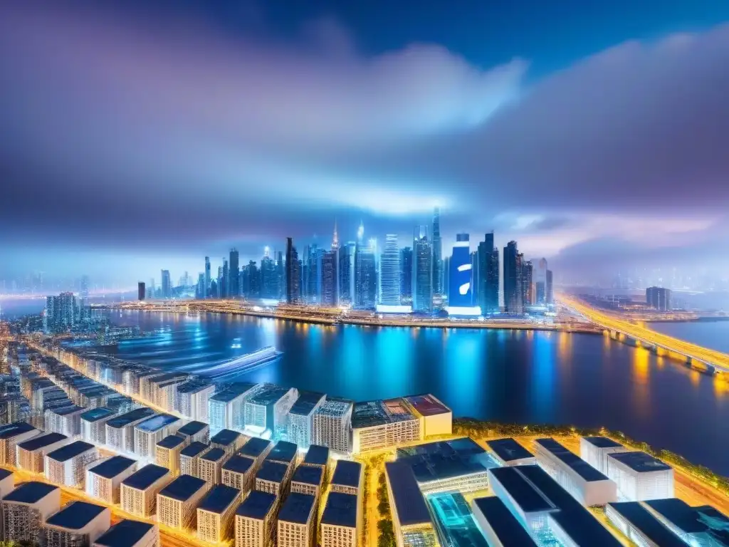 Metrópolis futurista: tecnología, diversidad y planificación urbana Vibrante ciudad futurista con tecnología avanzada y diversidad demográfica, clave en modelos predictivos inversiones inmobiliarias