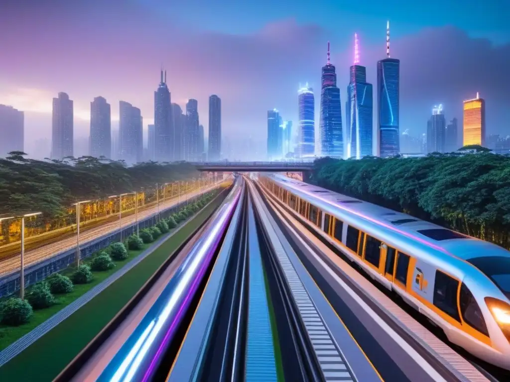 Metrópolis futurista: tren de alta velocidad en paisaje urbano sostenible Vibrante ciudad futurista al anochecer, con tren de alta velocidad entre rascacielos y tecnología sostenible