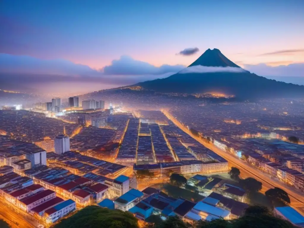 Oportunidades inmobiliarias al atardecer en Guatemala Vibrante ciudad guatemalteca al anochecer con profesionales y modernos edificios iluminados