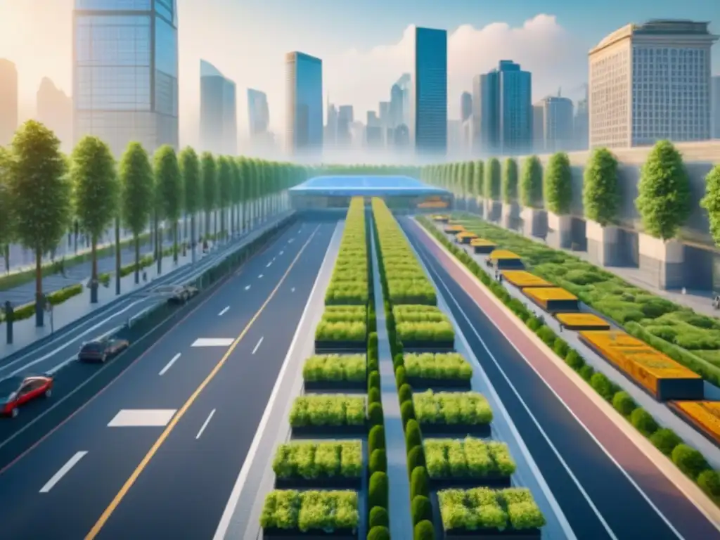 Metrópolis verde: skyline sostenible en 8k Vibrante ciudad con infraestructura verde, rascacielos con jardines en azoteas, paneles solares y parque verde