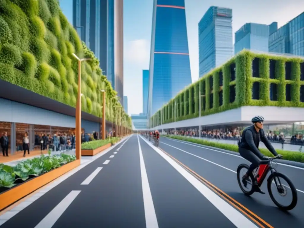 Metrópolis sostenible: fusión de naturaleza y tecnología en la ciudad Vibrante ciudad con infraestructura verde: techos y jardines verticales, paneles solares y parques