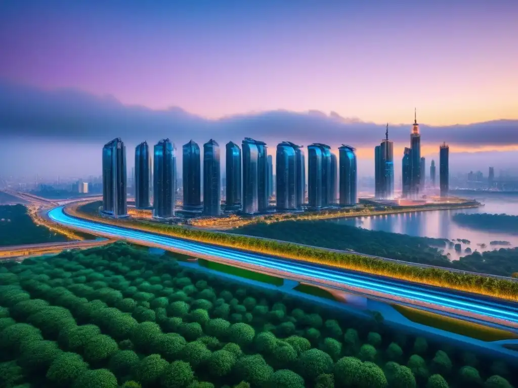 Vibrante ciudad inteligente futurista al anochecer, con rascacielos, parques verdes y tecnología avanzada